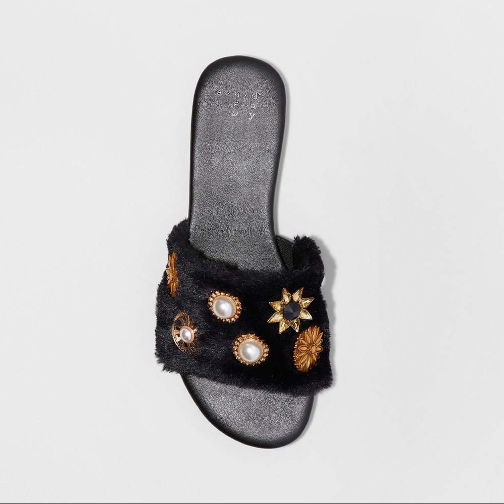 Women's Rose Brooch Faux Fur Slide Sandals -B3 - Picture 6 of 7